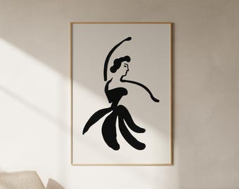 Woman Figure Wall Art, Dancer In Black Minimalist Line Print, Neutral Wall Decor