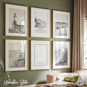 Montauk Drucke 6er Set | Schwarzweiße Wandkunst, Galeriedruck | Montauk Point Leuchtturm | Ditch Plains | Hafen von Montauk | Schattenmoor