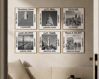 San Francisco Wall Art Set of 6, California Gallery Wall Prints, Handwritten Photography Posters