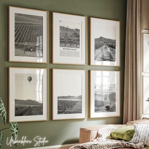 Set van 6 prints met Hunter Valley | Zwart-witte muurgalerijafdrukken | Wijngaarden