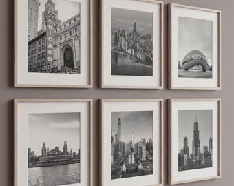 Chicago Wall Art Set of 6, Architecture Prints with Cloud Gate, Navy Pier