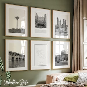 May include: A set of six black and white framed prints featuring various images of Iran, including a map, a tower, a bridge, and a mosque. The prints are arranged in a grid pattern on a green wall.