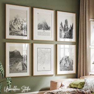 K2 Prints 6er Set | Schwarz-Weiß-Wand-Galeriedrucke | K2 Basislager | Machulo La | Trango Türme | Mandalah-Turm | K2 Topographie