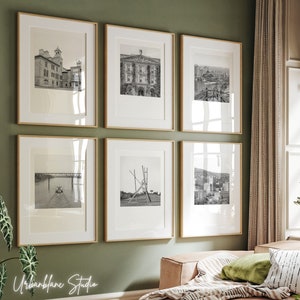 Set van 6 Hudson Valley-prints | Zwart-witte muurgalerijafdrukken | Loopbrug | Kykuit | Kunstcentrum Storm King | Militaire Academie | Mohonk