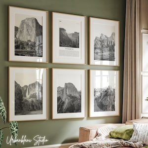 Set van 6 prints Yosemite National Park | Zwart-witte muurgalerijafdrukken | Yosemite Valley | Halve koepel | El Capitan | Yosemite-watervallen