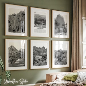 Set van 6 prints Joshua Tree National Park | Zwart-witte muurgalerijafdrukken | JTNP | Evenwichtige rock | Barkerdam | Skull Rock