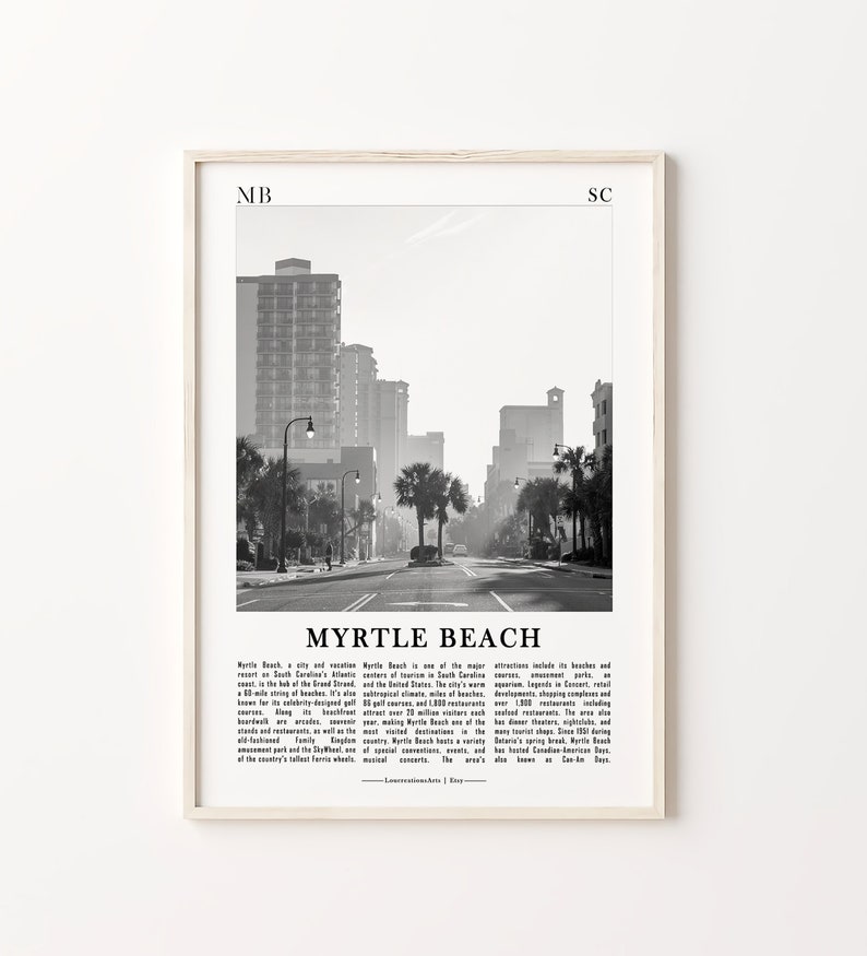 May include: A black and white photograph of a street scene in Myrtle Beach, South Carolina. The photo shows a street lined with palm trees and tall buildings. The text "Myrtle Beach" is printed below the image with a description of the city.