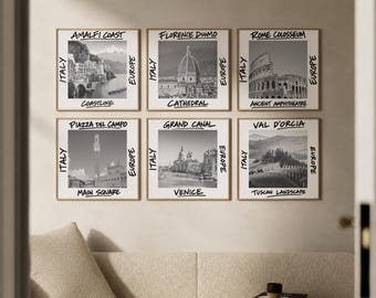 Italy Wall Art Set of 6, Landmark Prints with Rome Colosseum, Venice, Florence Duomo