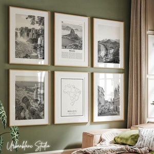 Brasilien Drucke 6er Set | Schwarzweiße Wandgalerie Prints | Iguazu Wasserfälle | Christus der Erlöser | Copacabana Strand | Pelourinho