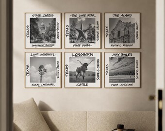 Texas Wall Art Set of 6, Landmark Poster Prints with Alamo, Capitol, Longhorn