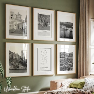 Set van 6 prints Sardinië | Zwart-witte muurgalerijafdrukken | Kathedraal van Cagliari | Cala Goloritzé | Capocaccia | Su Nuraxi di Barumini