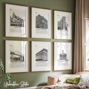 Nashville Prints Set of 6 | Black And White Art Prints | Ryman Auditorium | Parthenon | Country Music Hall of Fame | State Capitol | Bridge