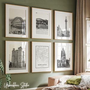 Set van 6 Newcastle upon Tyne-prints | Zwart-witte muurgalerijafdrukken | Tyne-brug | Kasteel | Grijze straat | Sint-Niklaaskathedraal