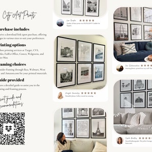 May include: A collection of framed black and white city art prints, featuring iconic landmarks. The image includes customer reviews and details about purchase, printing options, framing, and a guide.