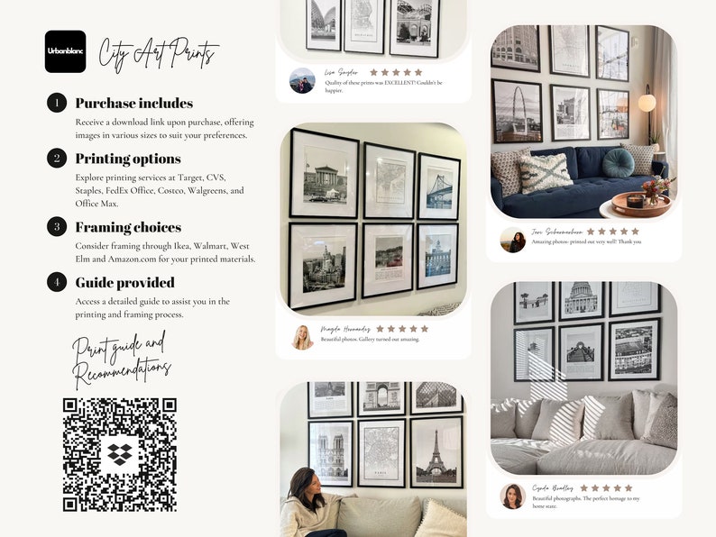 May include: A collection of framed black and white city art prints, featuring iconic landmarks. The image includes customer reviews and details about purchase, printing options, framing, and a guide.