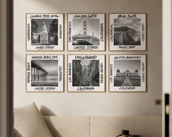 California Wall Art Set of 6, Iconic Landmarks Poster Prints with Golden Gate