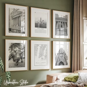 Wall Street Drucke 6er Set | Schwarzweiße Wandgalerie Prints | New York Stock Börse | Lade Stier | Dreifaltigkeitskirche | Bundbundeshalle