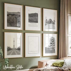 Set di 6 stampe del Turkmenistan / Stampe da parete in bianco e nero / Cratere di gas di Darvaza / Monumento all'Indipendenza / Moschea di Ruhy / Bagt Koshgi