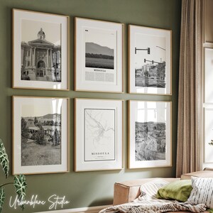 Juego de 6 impresiones de Missoula / Impresiones de galería de pared en blanco y negro / Palacio de justicia rural / Antiguo molino de Grant / Calle principal
