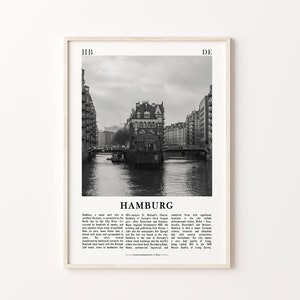 May include: A black and white photograph of the Hamburg skyline, featuring a canal with a bridge and buildings on either side. The text "Hamburg" is printed below the image, along with a brief description of the city.