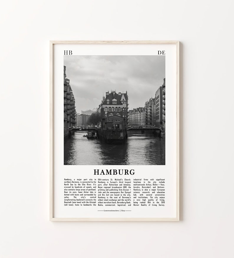May include: A black and white photograph of the Hamburg skyline, featuring a canal with a bridge and buildings on either side. The text "Hamburg" is printed below the image, along with a brief description of the city.