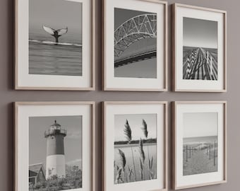Cape Cod Wall Art Set of 6, Coastal Poster Prints with Whale, Lighthouse, Bridge
