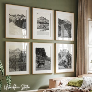 Set van 6 Mont Blanc-prints | Zwart-witte muurgalerijafdrukken | Top | Chamonix-Mont-Blanc | Mont Blanc-meer