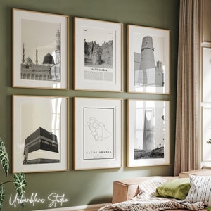 Conjunto de 6 impressões da Arábia Saudita | Galeria P&B | Mesquita do Profeta | Caaba | Palácio de Masmak | Torre do Reino
