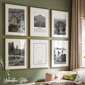 Nevada Prints Set of 6 | Black And White Wall Gallery Prints | Hoover Dam | Great Basin Nat'l Park | The Sphere | Fremont East District