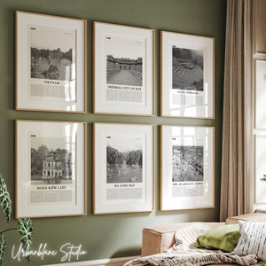 Vietnam Drucke 6er Set | Schwarz-Weiß-Wand-Galeriedrucke | Hoàn Kiếm See | Kaiserstadt Huế | Hạ Long Bay | Sapa Terrassen | Hội An