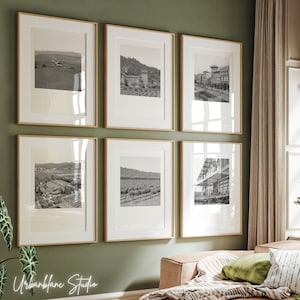 Set van 6 Napa Valley-prints | Zwart-witte muurafdrukken | Kasteel van Amorosa | Wijntrein | V. Sattui-wijnmakerij | Openbare markt | Centrum