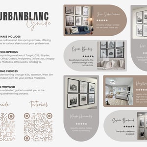 Puede incluir: Una gu&iacute;a para imprimir y enmarcar fotos con una lista de opciones de impresi&oacute;n y enmarcado, un c&oacute;digo QR para un tutorial y rese&ntilde;as de clientes. La gu&iacute;a incluye el texto "URBANBLANC Guide".