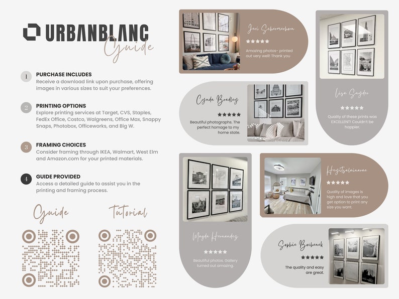 Puede incluir: Una gu&iacute;a para imprimir y enmarcar fotos con una lista de opciones de impresi&oacute;n y enmarcado, un c&oacute;digo QR para un tutorial y rese&ntilde;as de clientes. La gu&iacute;a incluye el texto "URBANBLANC Guide".