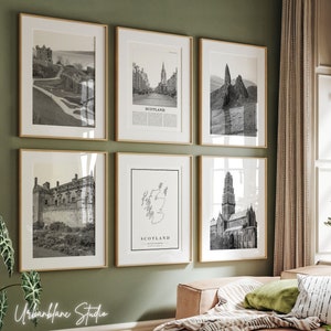 Lot de 6 gravures Ecosse | Impressions murales en noir et blanc de la galerie | Loch Ness | Château d'Édimbourg | Île de Skye | Cathédrale de Glasgow