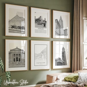 Set van 6 Cleveland-prints | Zwart-witte muurgalerijafdrukken | Rock-'n-rollzaal | Kunstmuseum | Eindtoren | West Side Market