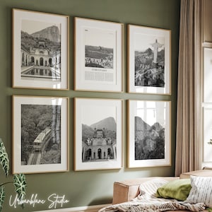 Corcovado Prints Set of 6 | Black And White Wall Gallery Prints | Parque Lage | Corcovado Rack Railway | Christ the Redeemer | Parrots Peak