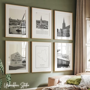 Derry Drucke 6er Set | Schwarzweiße Wandgalerie Prints | Die Friedensbrücke | Kostenlos Derry | St. Columbs Kathedrale | Museum für Freie Derry