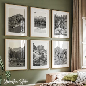 Set van 6 prints Rocky Mountain National Park | Zwart-witte muurgalerijafdrukken | Trail Ridge Road | Berenmeer | Watervallen van Alberta