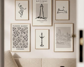 Chennai Wall Art Set of 6, India Gallery Wall Prints, Minimalist Line Art Posters