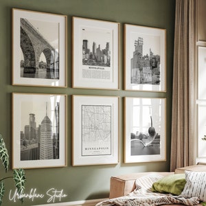 Minneapolis Drucke 6er Set | Schwarz-Weiß-Wand-Galeriedrucke | Steinbogen Brücke | Skulpturengarten | Mühlenstadtmuseum | Foshay-Turm