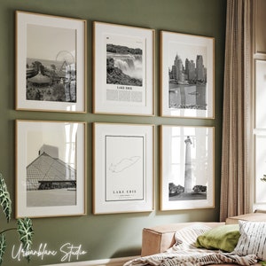 Lot de 6 gravures sur le lac Érié | Impressions murales en noir et blanc | Cedar Point | Temple de la renommée du rock'n'roll | Bord de la rivière Détroit | La victoire de Perry