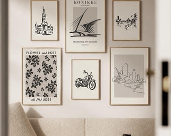 Milwaukee Wall Art Set of 6, Wisconsin Gallery Wall Prints, Minimalist Neutral Posters