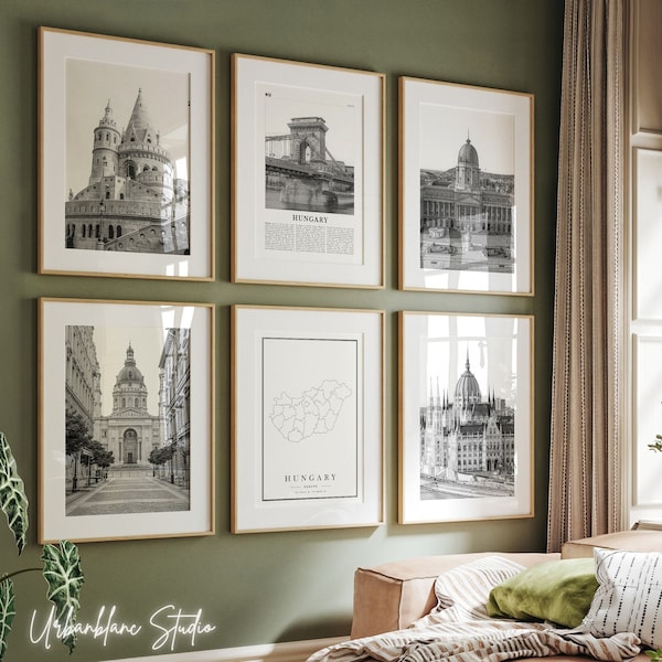 Hungary Prints Set of 6 | Black And White Gallery Prints | Fisherman's Bastion | St. Stephen's Basilica | Buda Castle | Parliament Building