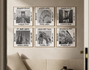 Brooklyn Wall Art Set of 6, Landmark Poster Prints with Manhattan Bridge, Brownstones