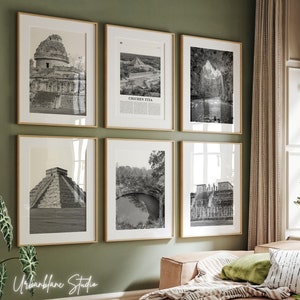 May include: A set of six black and white framed photographs of Mayan ruins in Mexico. The photos feature various architectural details, including the observatory, the pyramid, and the cenote. The frames are made of wood and have a natural finish.