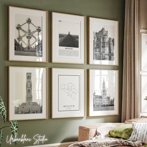 Conjunto de 6 láminas belgas / Galería mural en blanco y negro / Atomium / Campanario / Gravensteen / Grand Place