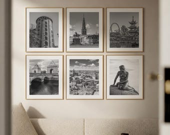 Copenhagen Wall Art Set of 6, Landmark Poster Prints with Little Mermaid, Tivoli