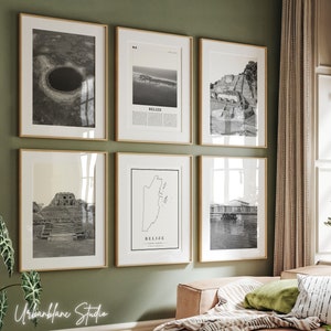 Belize Drucke 6er Set | Schwarzweiße Wandgalerie Prints | Großes Blaues Loch | Xunantunich | Lamanai | Schaukelbrücke