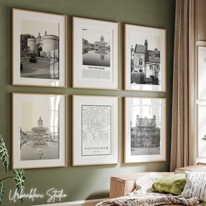 Conjunto de 6 impresiones de Nottingham / Impresiones de galería de pared en blanco y negro / Castillo / Plaza del Mercado Viejo / Viaje a Jerusalén / Wollaton Hall
