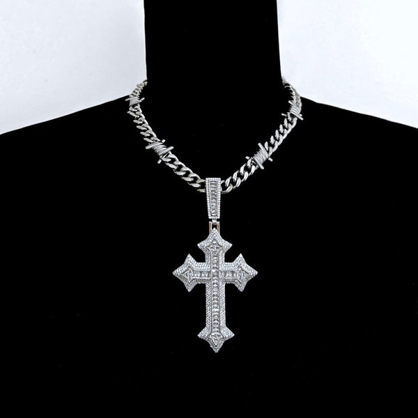 HARDCORE ICON  - Stainless Steel Barbed Wire Chain with Iced Out Cubic Zirconia Large Cross Necklace